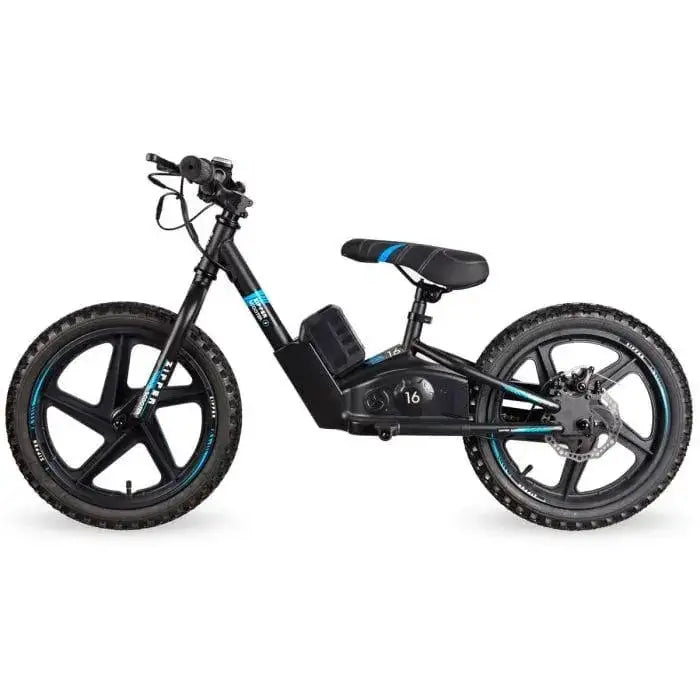Blue and black reconditioned 21V electric kids balance bike with 16-inch wheels