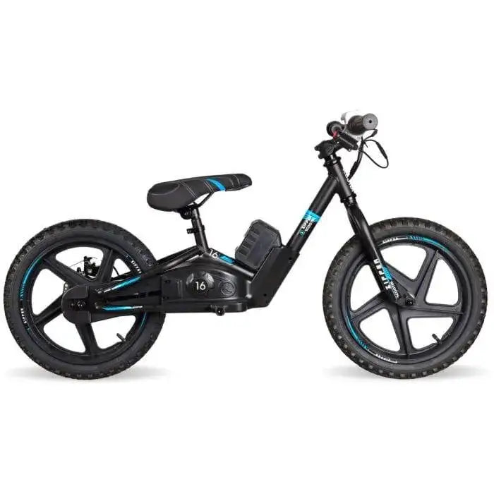 Black 21V electric balance bike for kids with blue accents, 16-inch wheels, side view