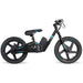 Black 21V electric balance bike for kids with blue accents, 16-inch wheels, side view