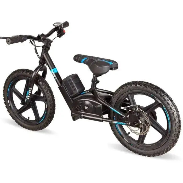 Black and blue 21V electric balance bike for kids with 16-inch wheels on white background