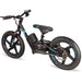 Black and blue 21V electric balance bike for kids with 16-inch wheels on white background