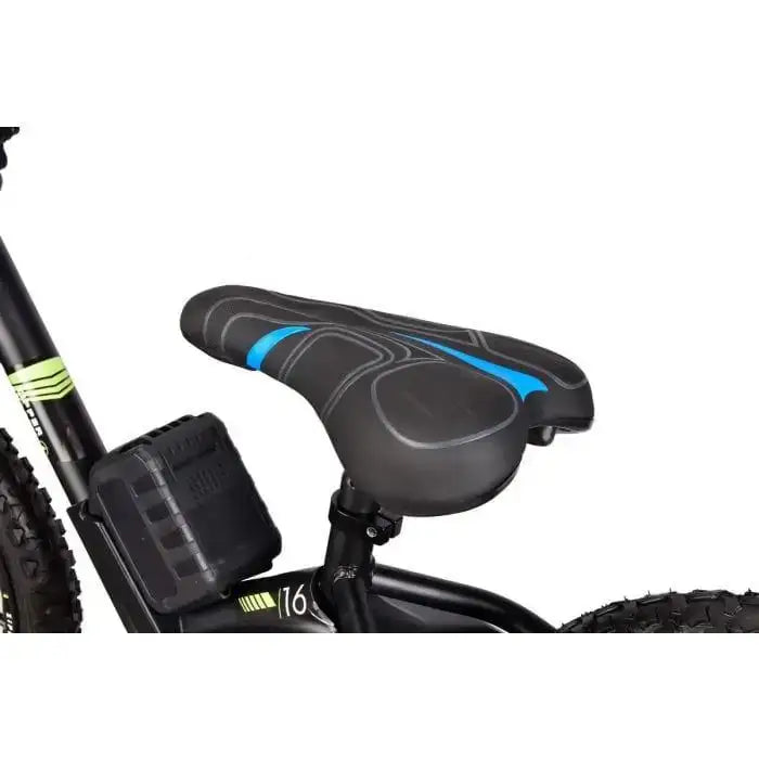 Close-up of black and blue saddle on 16-inch electric kids balance bike with battery pack