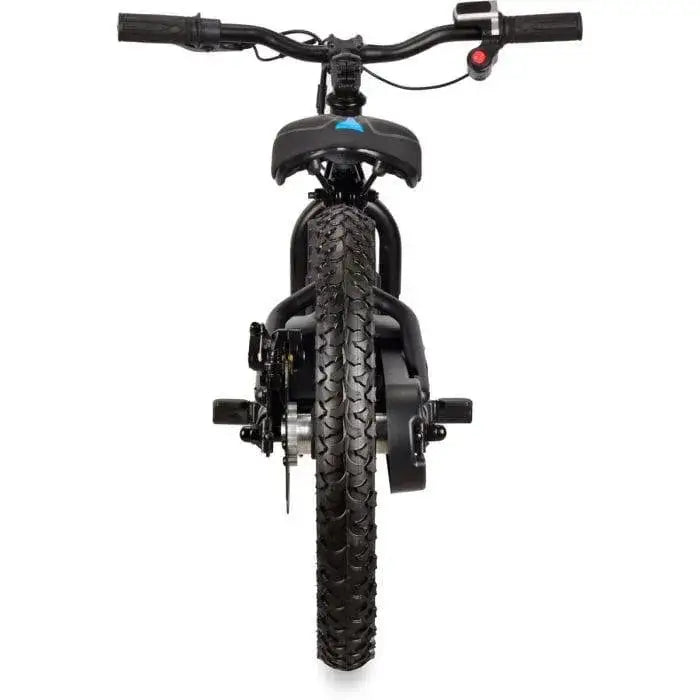 Front view of black 21V electric balance bike for kids with thick tread 16-inch wheel