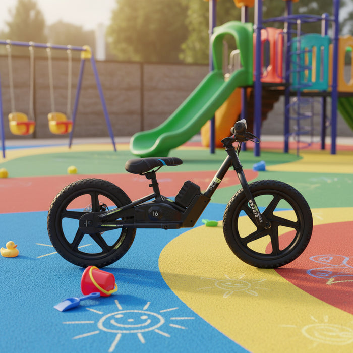 Reconditioned 21V green electric balance bike with 16-inch wheels in a colorful playground