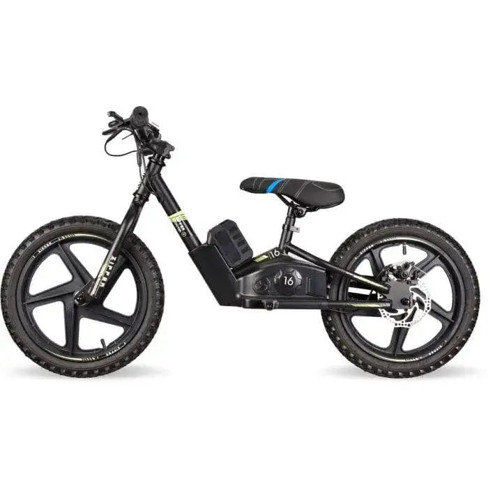 Reconditioned 21V electric balance bike for kids with 16-inch wheels and green accents