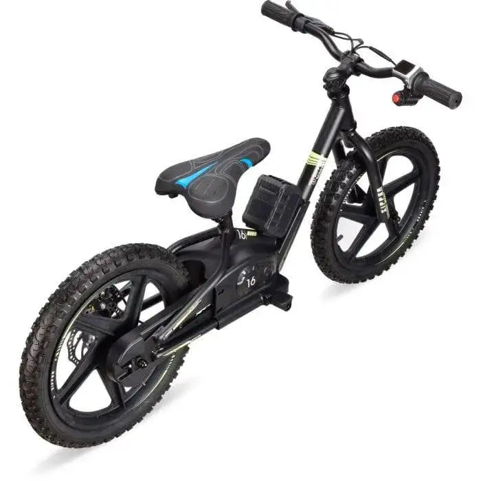 Black 16-inch electric balance bike for kids with training wheels and rugged tires