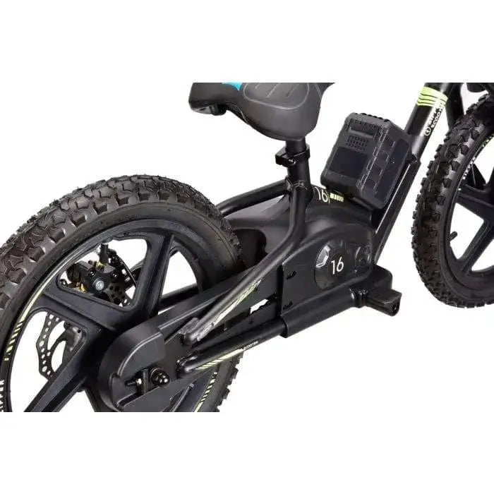 Close-up of black 16-inch kids electric balance bike with textured wheels and battery pack
