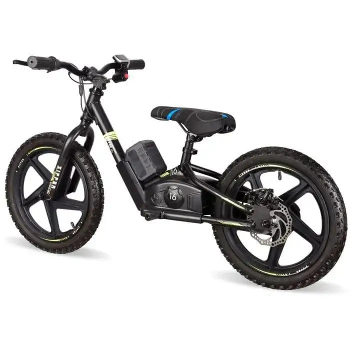 Black 21V electric balance bike for kids with 16-inch wheels and training features