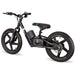 Black 21V electric balance bike for kids with 16-inch wheels and training features