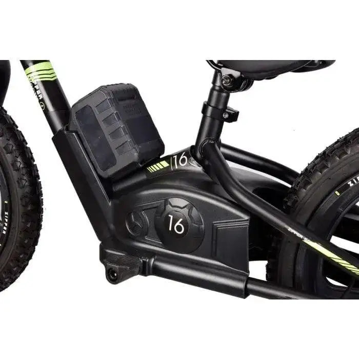 Close-up of 16-inch green reconditioned kids electric balance bike with thick tires