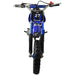 Blue Orion 49cc kids mini dirt bike, front view, off-road tires, number 27 plate