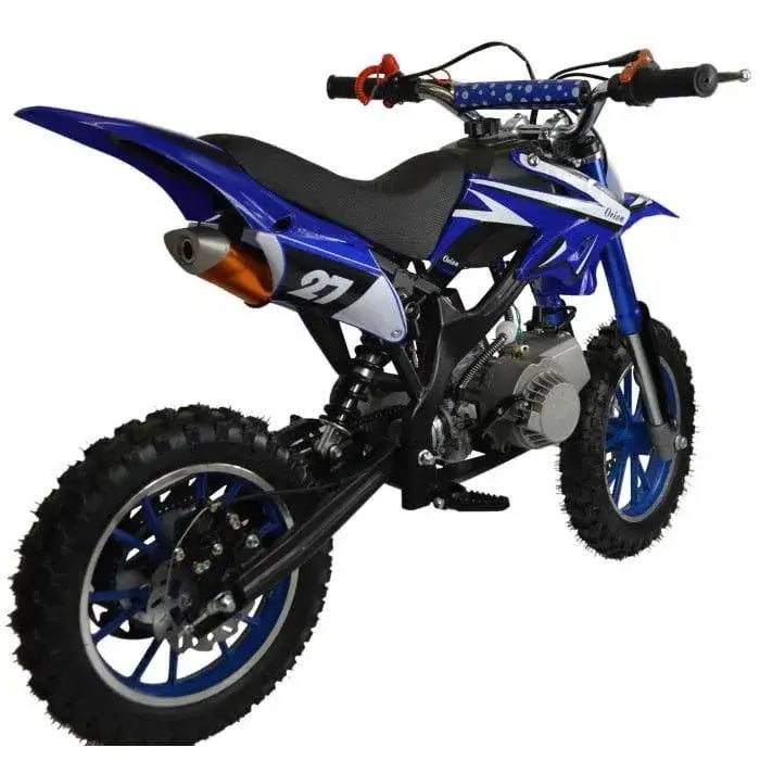 Blue 49cc kids mini dirt bike with knobby tires, off-road frame, and number 21 decal