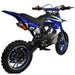 Blue 49cc kids mini dirt bike with knobby tires, off-road frame, and number 21 decal