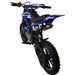 Blue 49cc kids mini dirt bike with off-road tires and sporty design, rear angle view