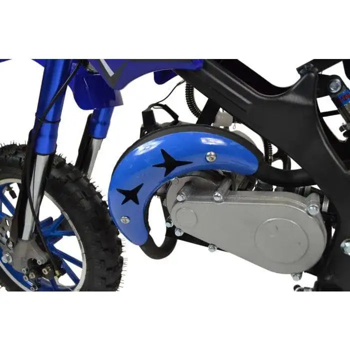 Closeup of blue 49cc kids mini dirt bike engine and front wheel, off-road motorcycle