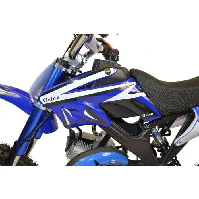 Blue Orion kids mini dirt bike with black seat and white graphics, side view close-up