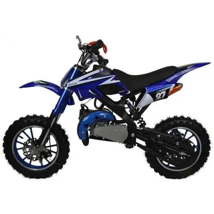 Blue 49cc kids mini dirt bike with off-road tires, for ages 6-12, side view