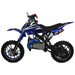 Blue 49cc kids mini dirt bike with off-road tires, for ages 6-12, side view
