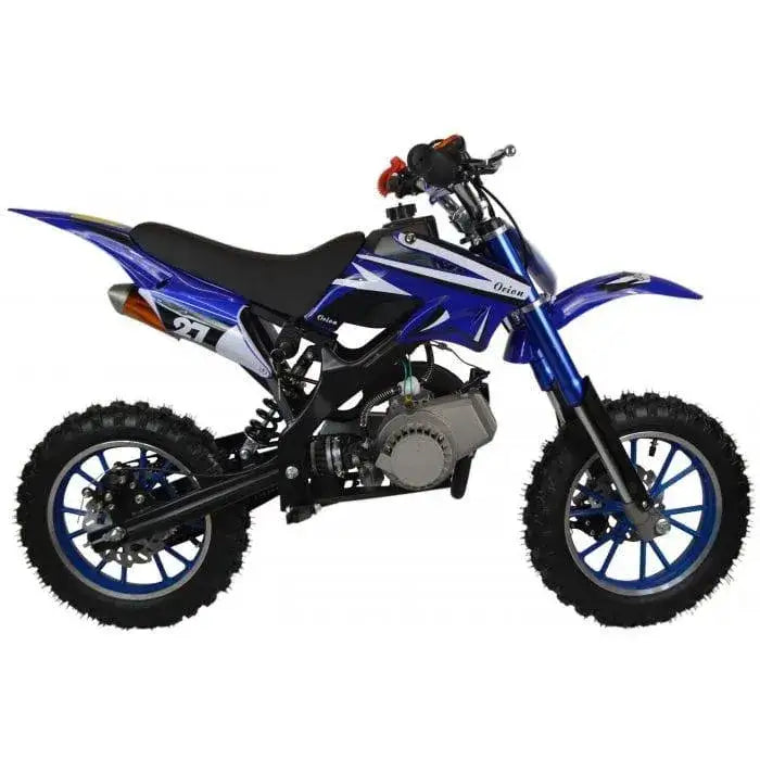 Blue 49cc kids mini dirt bike with knobby tires, shown on a white background