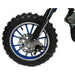 Close-up of blue mini dirt bike front wheel with disc brake and knobby tire