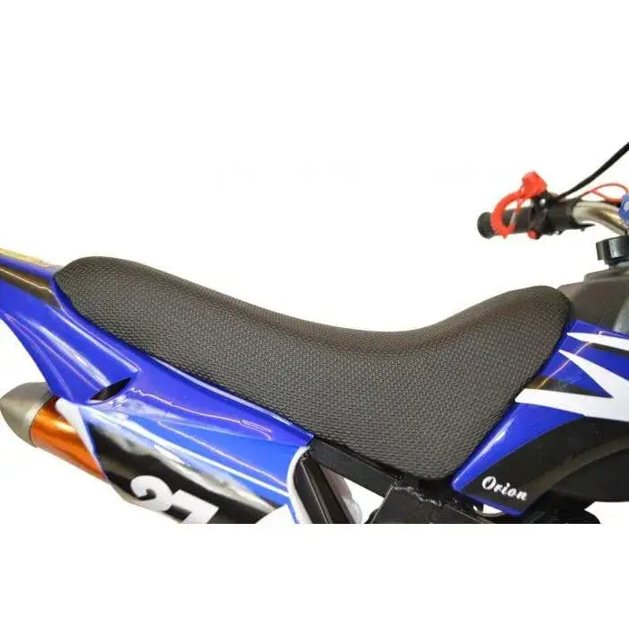 Blue kids mini dirt bike seat and frame with black textured seat, visible handlebar controls