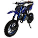 Blue 49cc kids mini dirt bike with number 27, off-road tires, and kickstand
