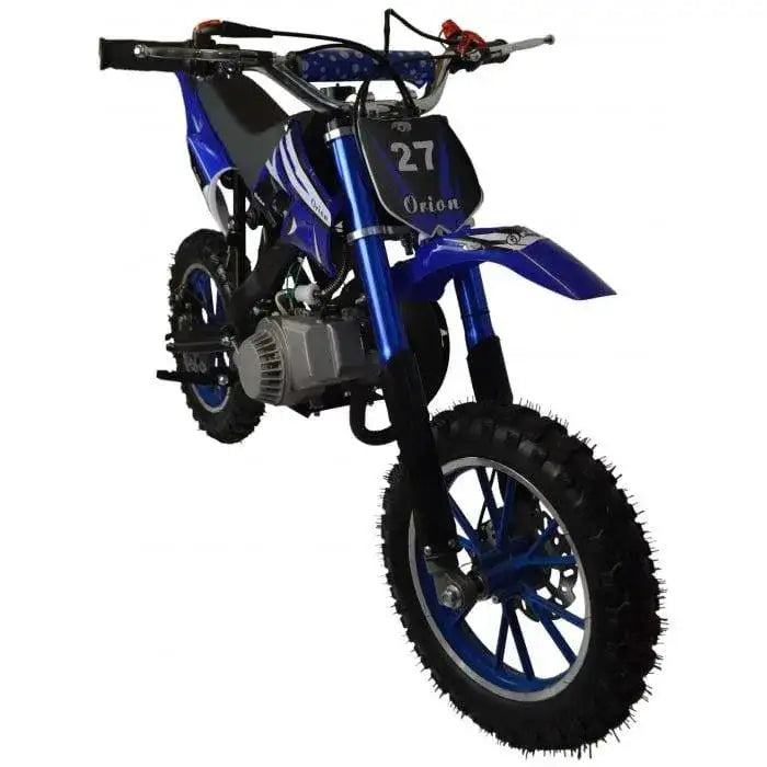 Blue 49cc kids mini dirt bike for off-road, number 27, knobby tires, Orion branding