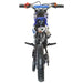 Rear view of blue kids 49cc mini dirt bike with knobby tire and off-road features
