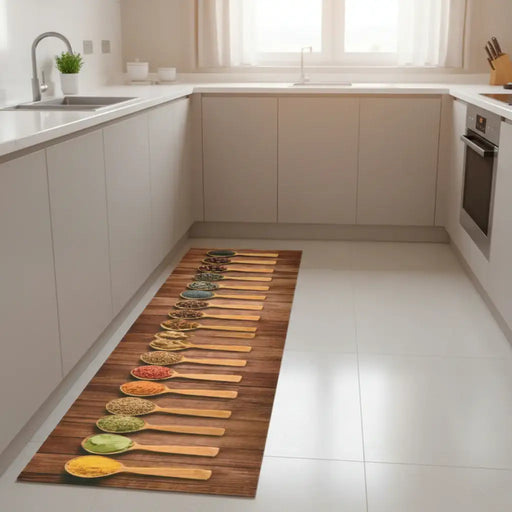 Modern kitchen with white cabinets and floor mat featuring wooden spoons with colorful spices on wooden floor background