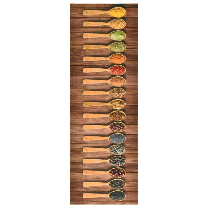 Rectangular floor mat with velvet surface featuring wooden spoons filled with colorful spices arranged vertically on a wooden background