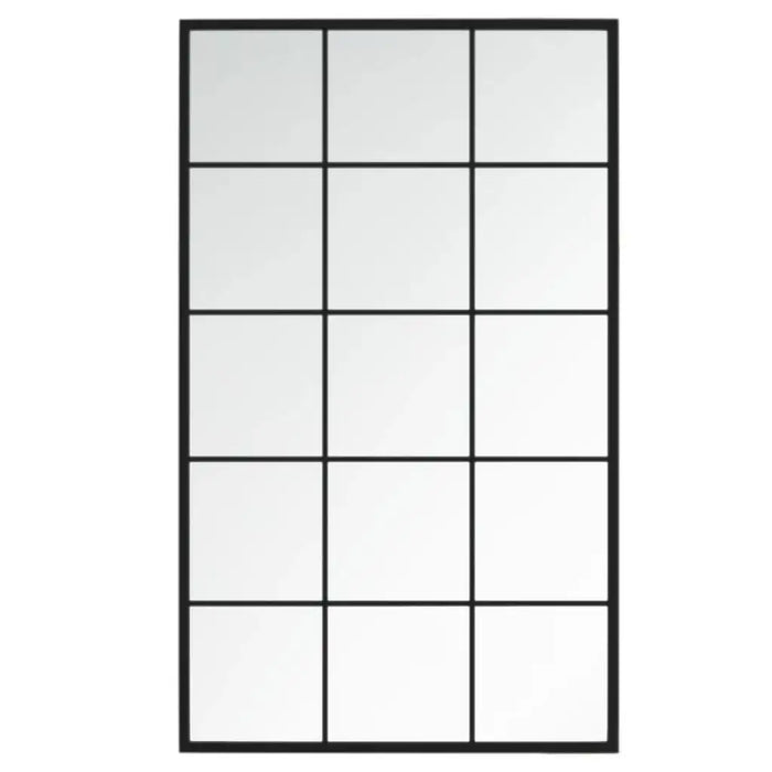 Rectangular window with black frame and divided into nine equal sections on a white background