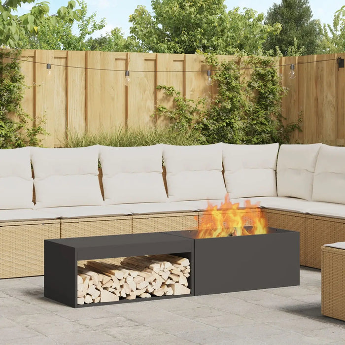Steel Fire Pit with Log Storage in Black (160 x 45 x 35cm) - Little and Giant Explorers vidaXL