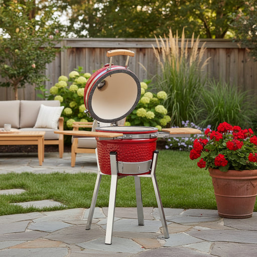 Red kamado grill with a wooden top on a white background