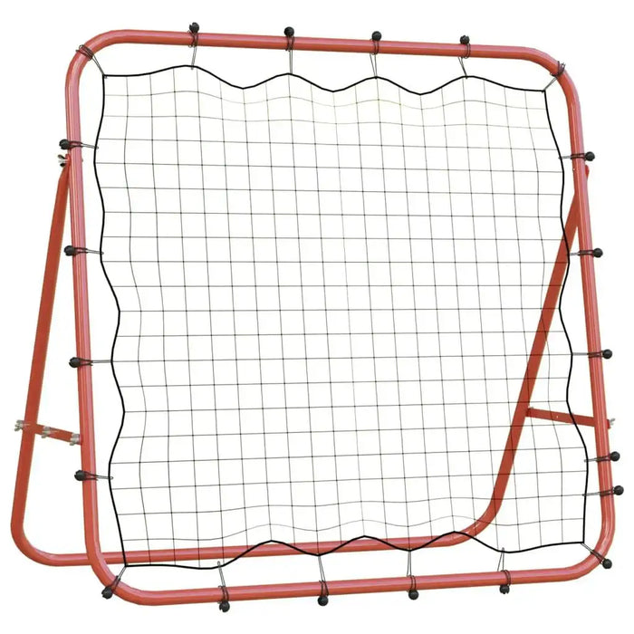 Red steel football rebounder with black PE net, adjustable frame, 96x96cm, on white background.