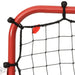 Red steel football rebounder frame with black PE net and tension cords