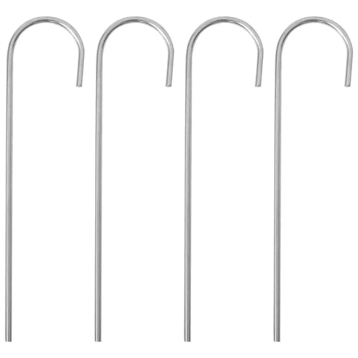 Set of four silver steel ground stakes for football rebounder on white background