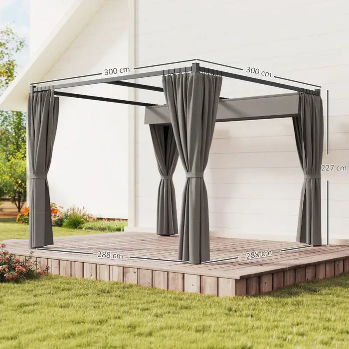 Retractable Roof Pergola 3x3m – Light Grey | Metal Frame with Curtains OUTSUNNY - Little and Giant Explorers Outsunny