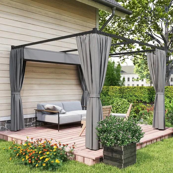 Retractable Roof Pergola 3x3m – Light Grey | Metal Frame with Curtains OUTSUNNY - Little and Giant Explorers Outsunny
