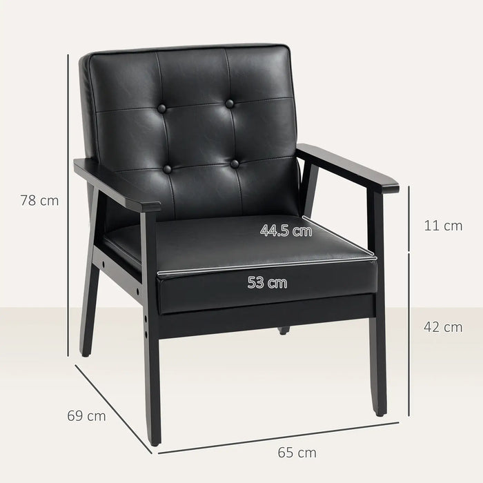 Black leather armchair with dimensions labeled on a white background