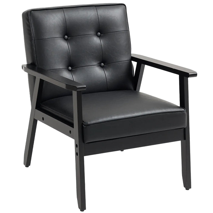 Black leather armchair with wooden frame on a white background