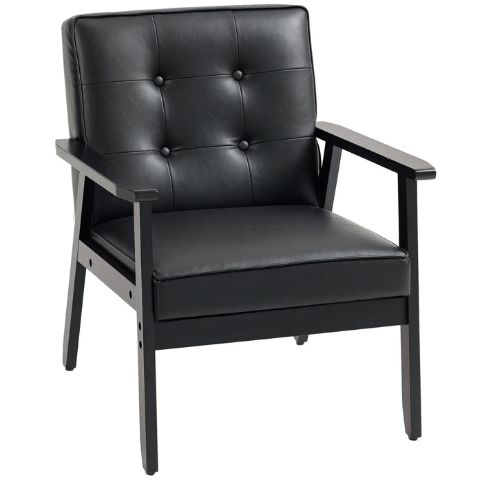 Black leather armchair with wooden frame on a white background