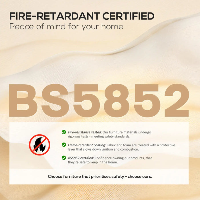 Fire-retardant certified furniture label with BS5852 certification on a beige background