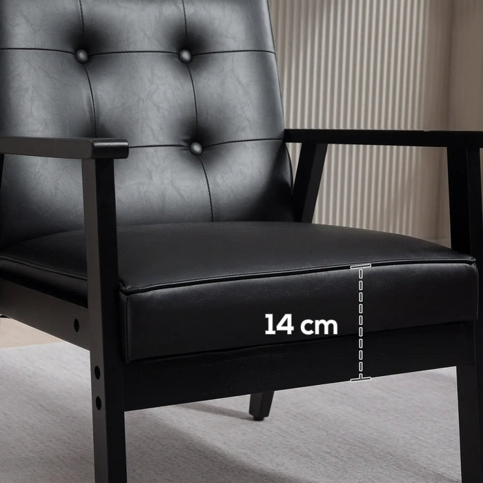 Black leather armchair with a measurement label on the seat