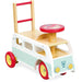 Retro campervan wooden ride-on and walker toy with red wheels for toddlers