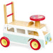Wooden retro campervan walker and ride-on toy with red wheels and steering wheel
