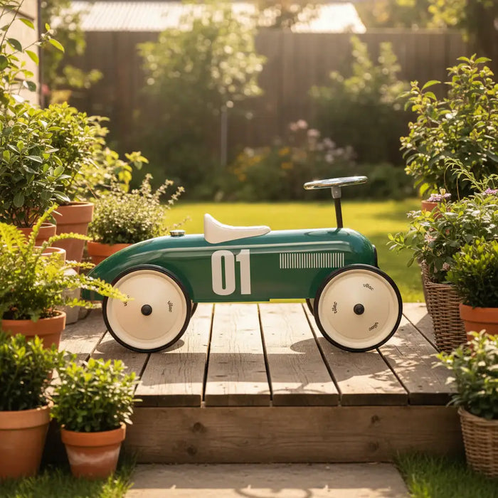 Retro Metal Ride-On Car – British Racing Green | Classic Steel Toddler Racing Car VILAC - Little and Giant Explorers