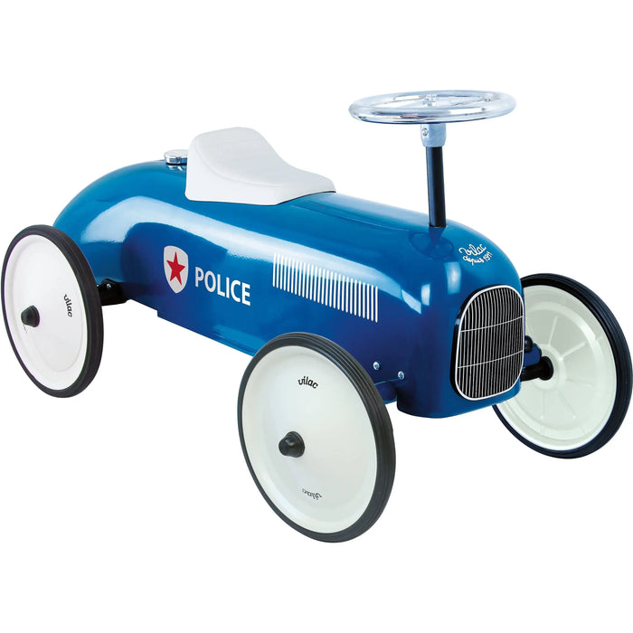 Retro blue police racing ride-on car for toddlers with metal body and white seat
