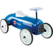Retro blue police racing ride-on car for toddlers with metal body and white seat
