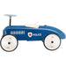 Blue retro police ride-on car with white wheels and seat, for toddlers by Vilac