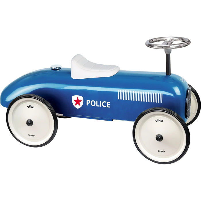 Blue retro police ride-on car toy for toddlers with white seat and large wheels